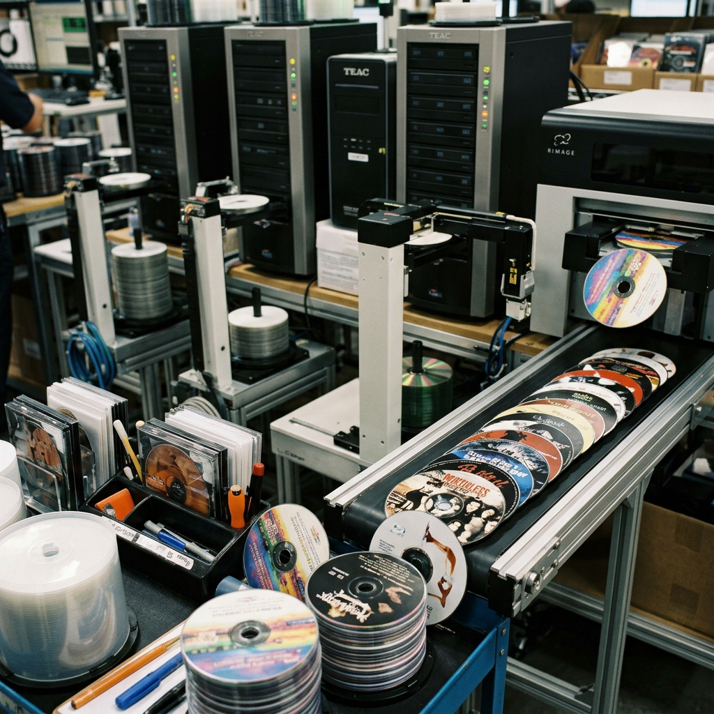 Workers operating machinery that produces and packages optical discs